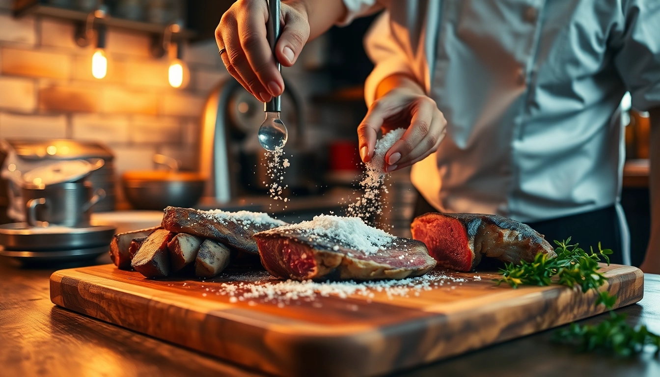 Chef carefully salting fresh meat on a wooden board, showcasing culinary technique and seasoning precision.