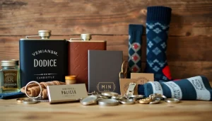 Showcasing cheap groomsmen gifts including personalized flasks and keychains arranged aesthetically.