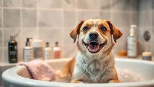 Pamper your pet with a spa treatment, showcasing a joyful dog enjoying a warm bath with luxurious care products.