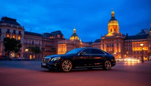 Experience cheap car rental with driver Madrid with stylish luxury cars amidst beautiful Madrid architecture.