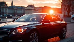 Professional driver hire Budapest with an elegant black car amidst the stunning Budapest skyline.