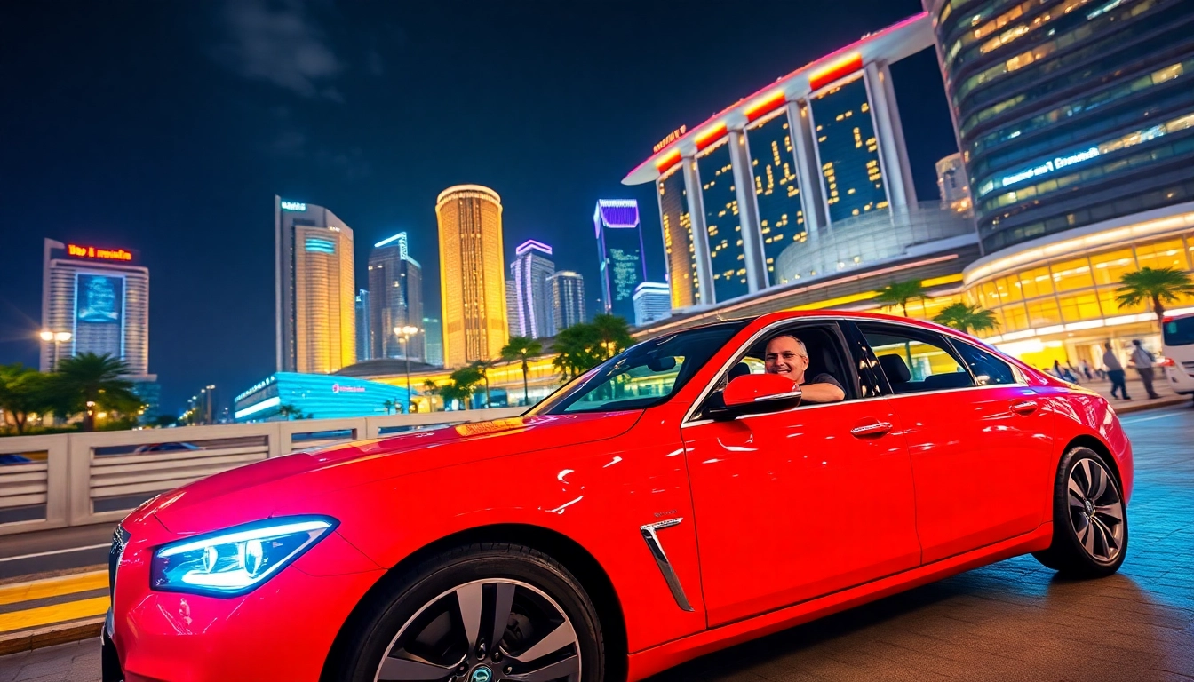 Book a cheap car rental with driver Singapore, featuring a luxury vehicle in front of a city landmark.