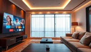 Engage with diverse IPTV channels through this stylish living room setup featuring a large screen, showcasing abonnement iptv offerings.