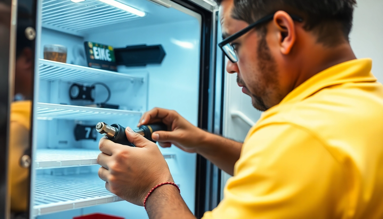 Performing vital soda cooler repair, showcasing a technician working with specialized tools.