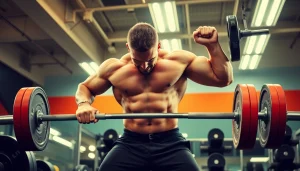 Weightlifting athlete executing a snatch lift with determination and focus in a brightly lit gym.