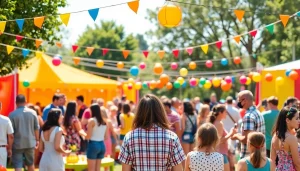 Guests celebrating a unique event with vibrant decorations and engaging activities outdoors.