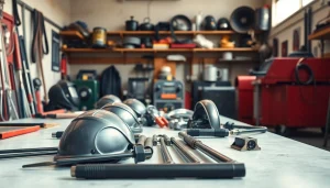 Explore welding supplies near me with a diverse assortment of helmets, rods, and machines in a bright workshop.