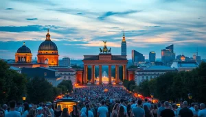 Celebrate Unique Berlin Events with friends in a lively after-work party setting against the city's skyline.