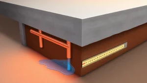 Identify what is slab leakage with a detailed view of leaking copper pipes under a concrete slab.