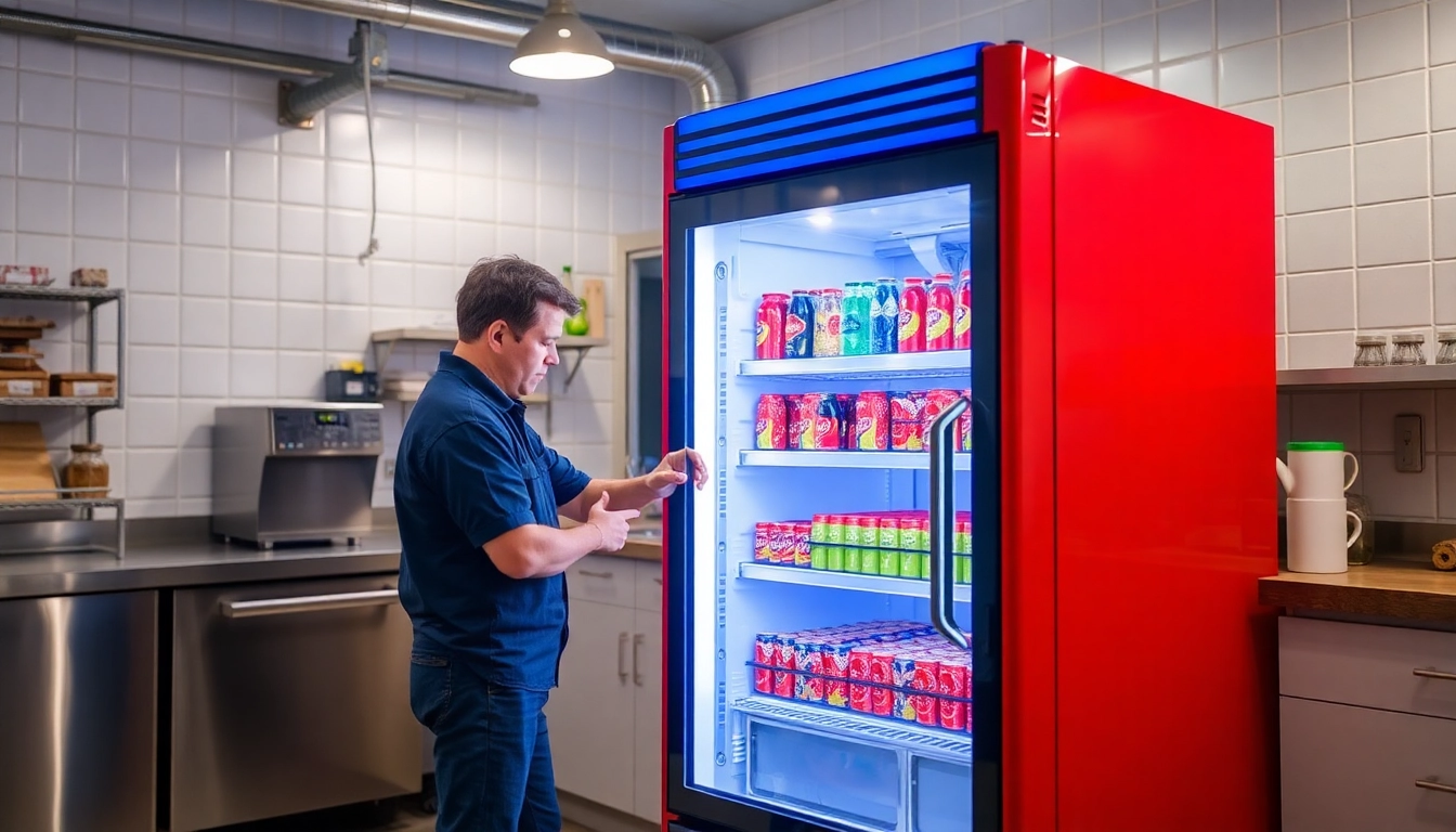 Technician performing soda cooler repair in a bright kitchen, ensuring optimal cooling performance.