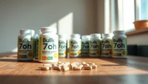 Showcasing Bulk 7oh tablets with vibrant colors on a wooden surface for an enticing presentation.