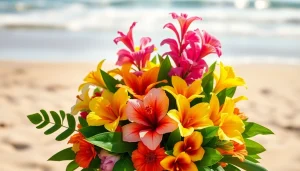 Beautiful arrangement of Huntington Beach flowers showcasing tropical blooms and greenery in a sunny outdoor setting.