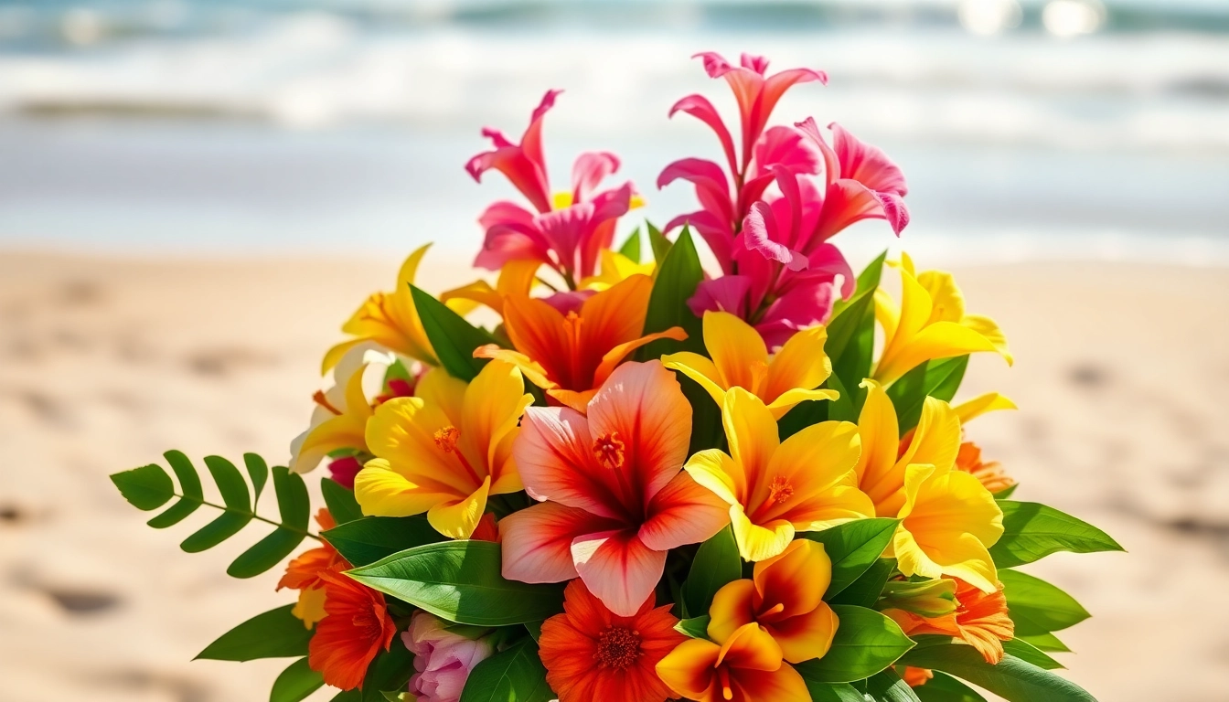 Beautiful arrangement of Huntington Beach flowers showcasing tropical blooms and greenery in a sunny outdoor setting.