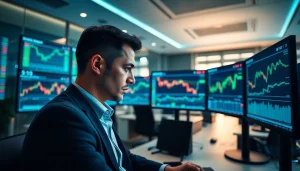 Analyze trade futures in a modern office with financial market data displayed on screens.