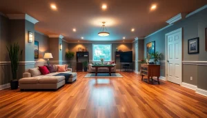 Basement finishing Utah depicted in a modern, inviting basement with stylish furnishings and natural light