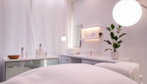 Behandlung im ästhetischen Raum mit beruhigender Atmosphäre und hochwertigen Produkten.
