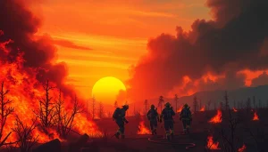 Firefighters combating wildfire events amidst flames and smoke in a dramatic landscape.