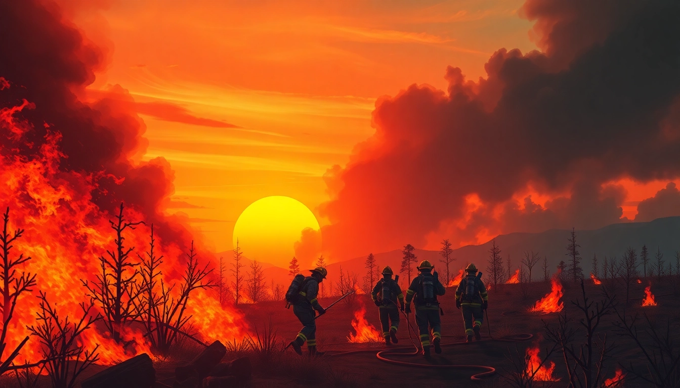 Firefighters combating wildfire events amidst flames and smoke in a dramatic landscape.