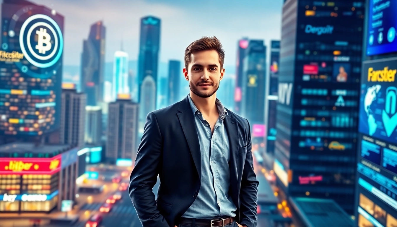 Confident based chad on Farcaster surrounded by a vibrant digital skyline.