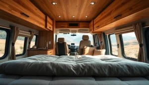 Discover the perfect campervan interior with an inviting cozy design and nature views.