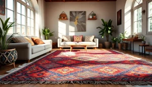 Showcasing Moroccan Boucherouite Rugs among a cozy living room setting, emphasizing its vibrant patterns.