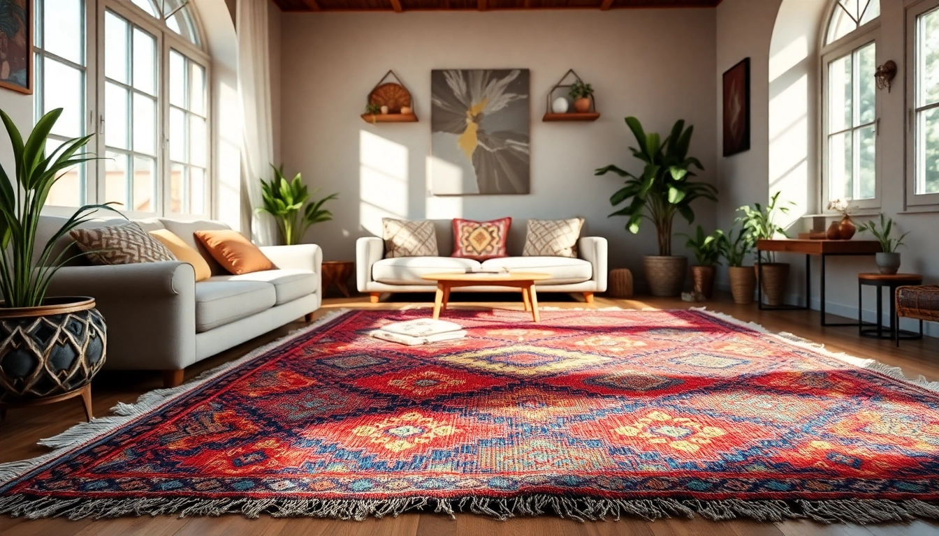 Showcasing Moroccan Boucherouite Rugs among a cozy living room setting, emphasizing its vibrant patterns.