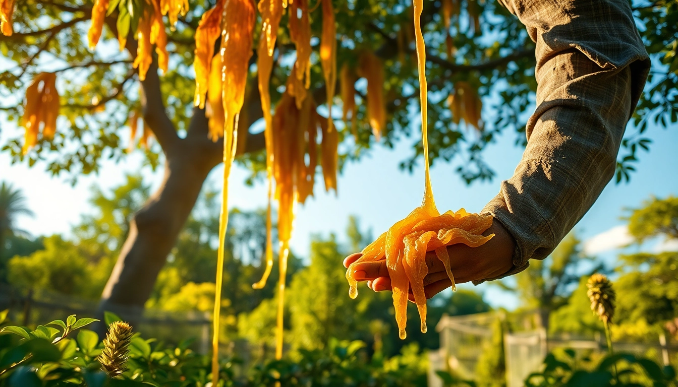 Extraction de myrrhe d'un arbre Commiphora dans un cadre naturel paisible.