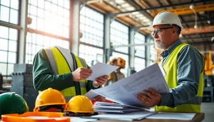 Analyze NVQ level 6 occupational health and safety answers in an industrial setting with safety gear.