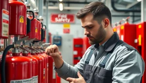 Enhancing fire extinguisher servicing Lichfield with expert technician conducting maintenance.