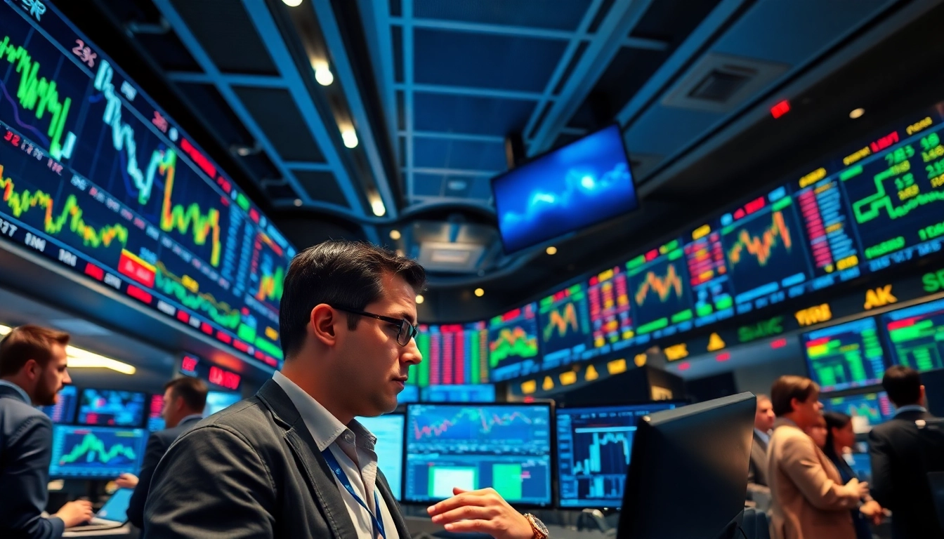 Traders analyzing charts and data to navigate trade futures in a bustling trading floor.