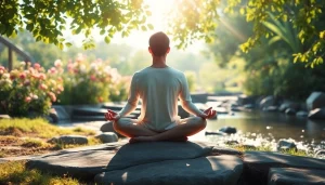 Person meditating in a tranquil garden, focusing on dealing with stress in nature.