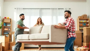 Watch cheap movers carry a couch, demonstrating expert teamwork in a bright living space.