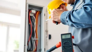 Electrician performing an Electrical Panel Upgrade showcasing organized wires and tools in a bright setting.