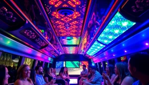 Enjoy the fun atmosphere in an Atlanta party bus with vibrant lights and happy guests celebrating together.