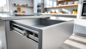 Metal Drawer System shown in a sleek kitchen, highlighting its design and functionality.