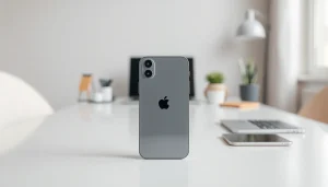 Buy iPhone 16 Pro elegantly displayed in a modern office setting highlighting its design features.