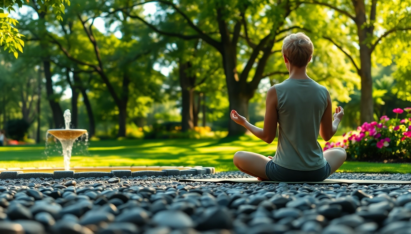Practicing mindfulness techniques for dealing with anxiety in a peaceful park setting.