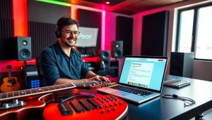 Visualize music pitching process showcasing a producer with an open laptop and vibrant instruments