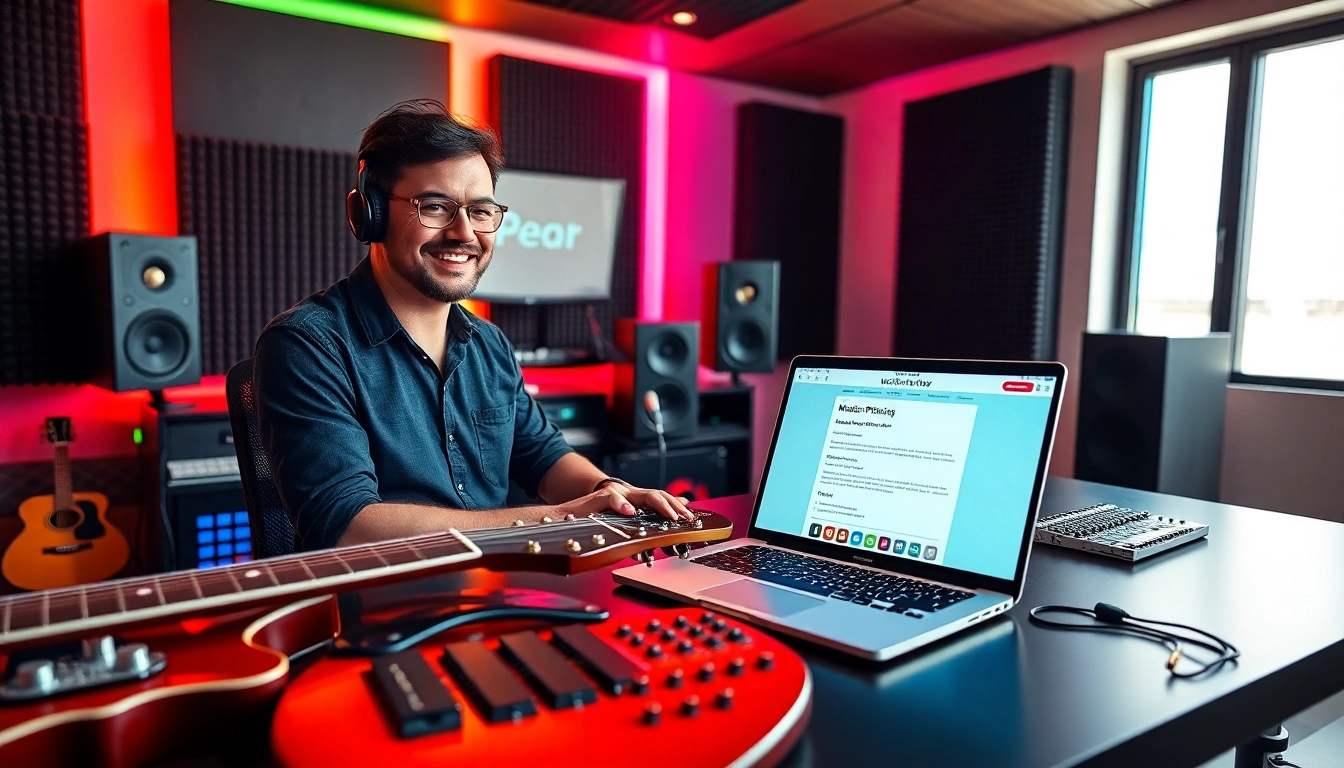 Visualize music pitching process showcasing a producer with an open laptop and vibrant instruments