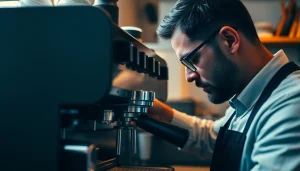 Cimbali service technique showcased by a technician repairing an espresso machine, emphasizing expertise.