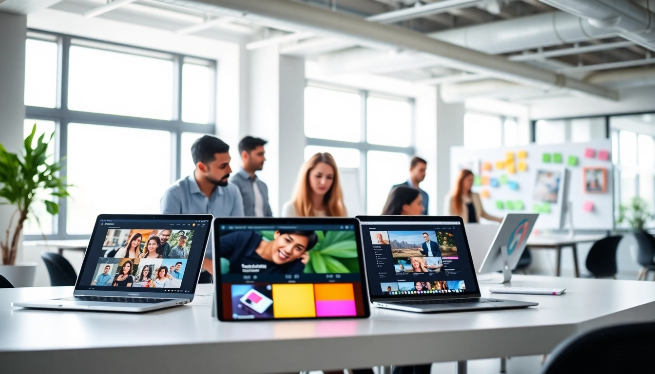 Creating a dynamic website design with a diverse team collaborating in a modern office.