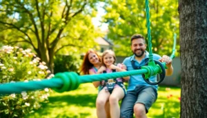 Experience the excitement of a GARDEN ZIP WIRE KIT in a lively backyard with a happy family.