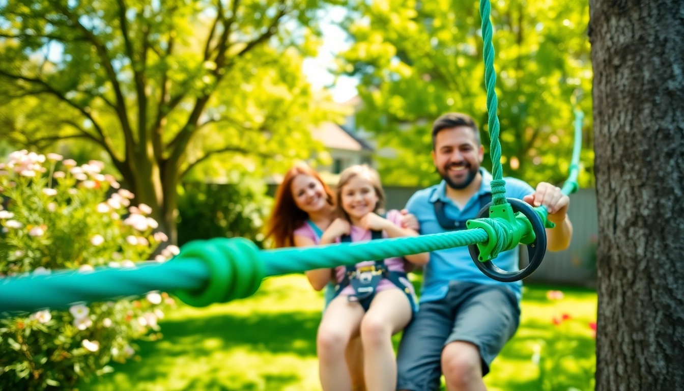 Experience the excitement of a GARDEN ZIP WIRE KIT in a lively backyard with a happy family.