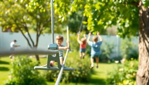 Engage with the GARDEN ZIP WIRE KIT in a vibrant backyard, showcasing fun and adventure.