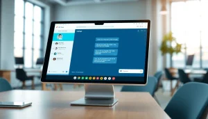 Engaging AI chatbot for website displayed on a sleek device in a modern office.