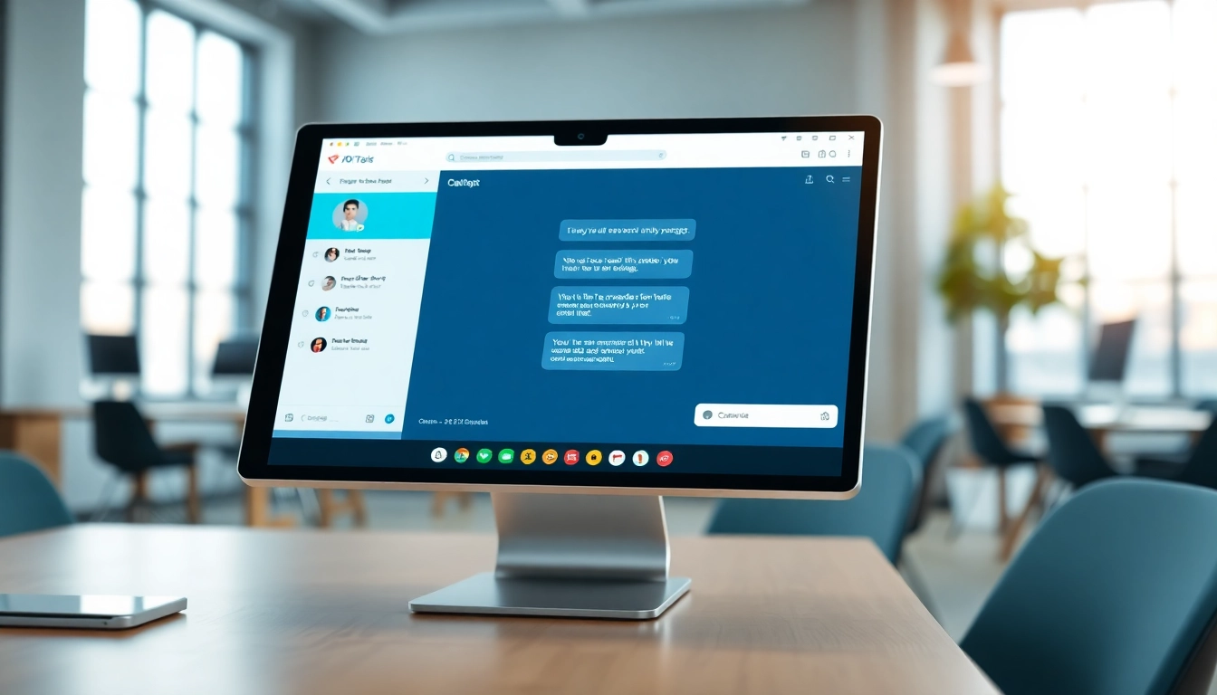 Engaging AI chatbot for website displayed on a sleek device in a modern office.