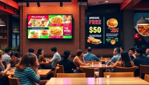 Engaging digital signage for restaurants showcasing vibrant menu options in a lively dining area.