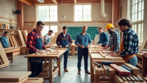 Training in a carpentry apprenticeship near me, showcasing diverse apprentices in a bright workshop.