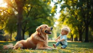 Autism dogs interacting joyfully with a child in a sunny park setting.