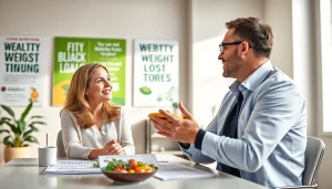 Nutritionist discussing a personalized weight loss regime with a client in an inviting office.